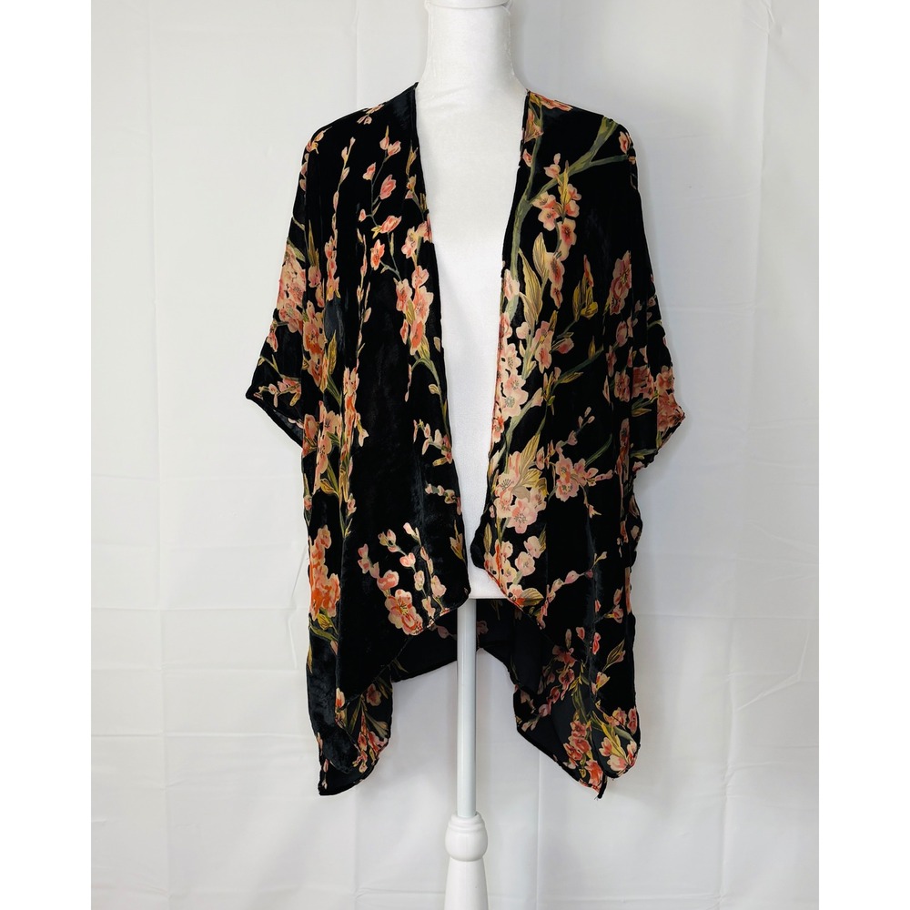 LA Soul Boho Whimsigoth Floral Burnout Velvet Kimono Wrap Whitchy Dark Floral